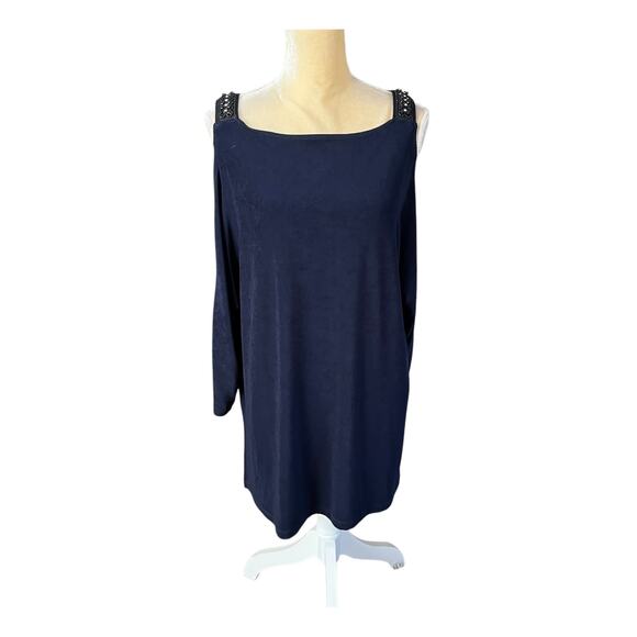 Chicos Travelers Tunic Top Navy Cold Shoulder Beading Size 3 XL - Picture 1 of 10